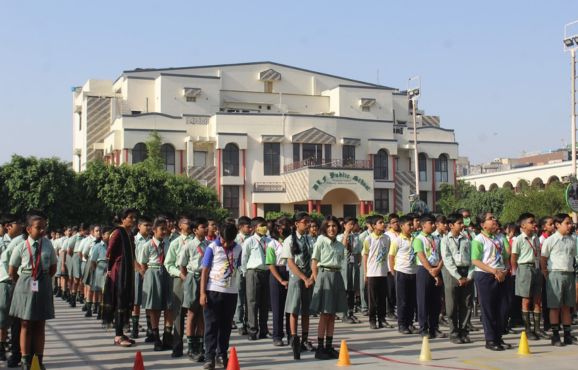 Group of students and teachers outside a top school in Sahibabad